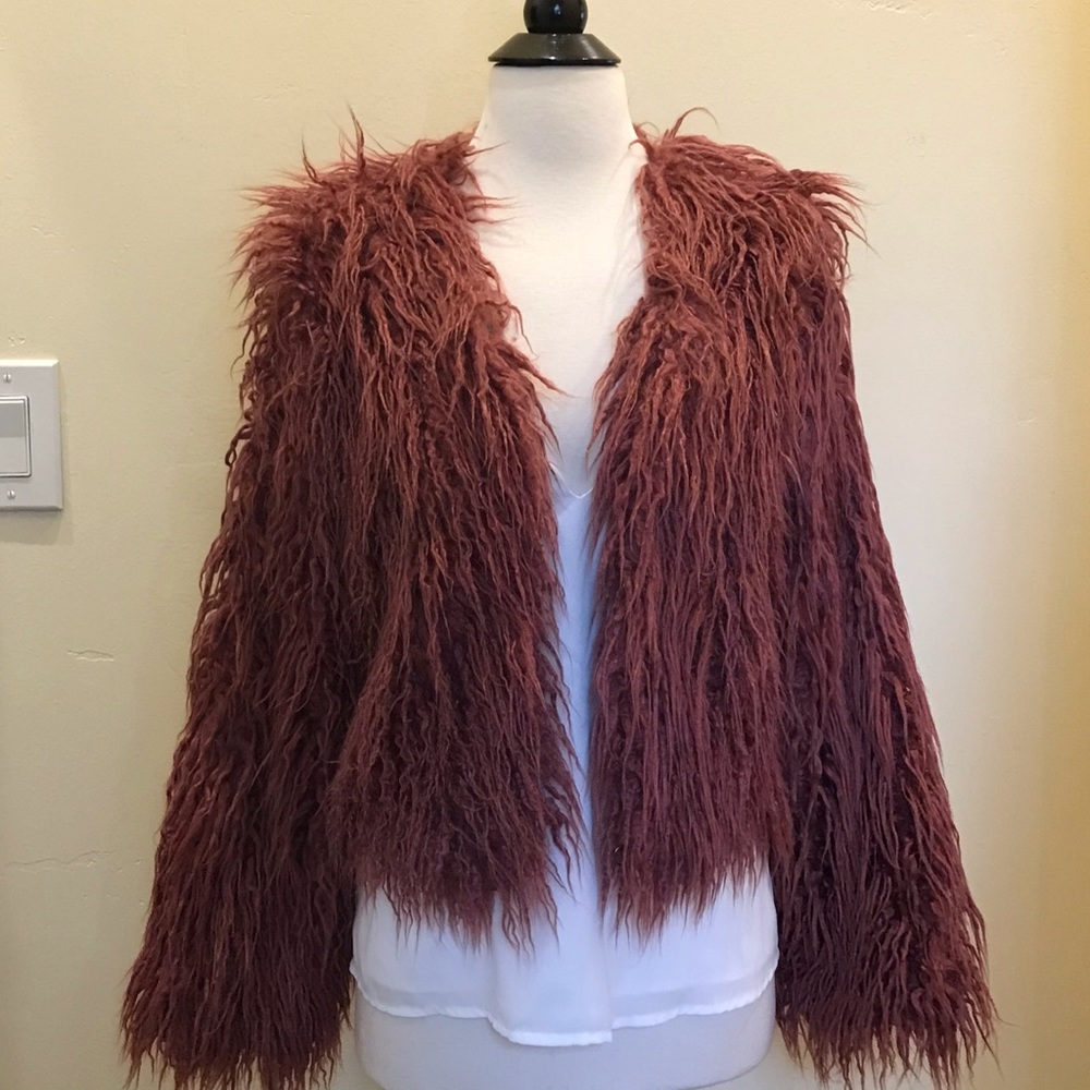 Boho faux fur jacket with pockets & satin interior